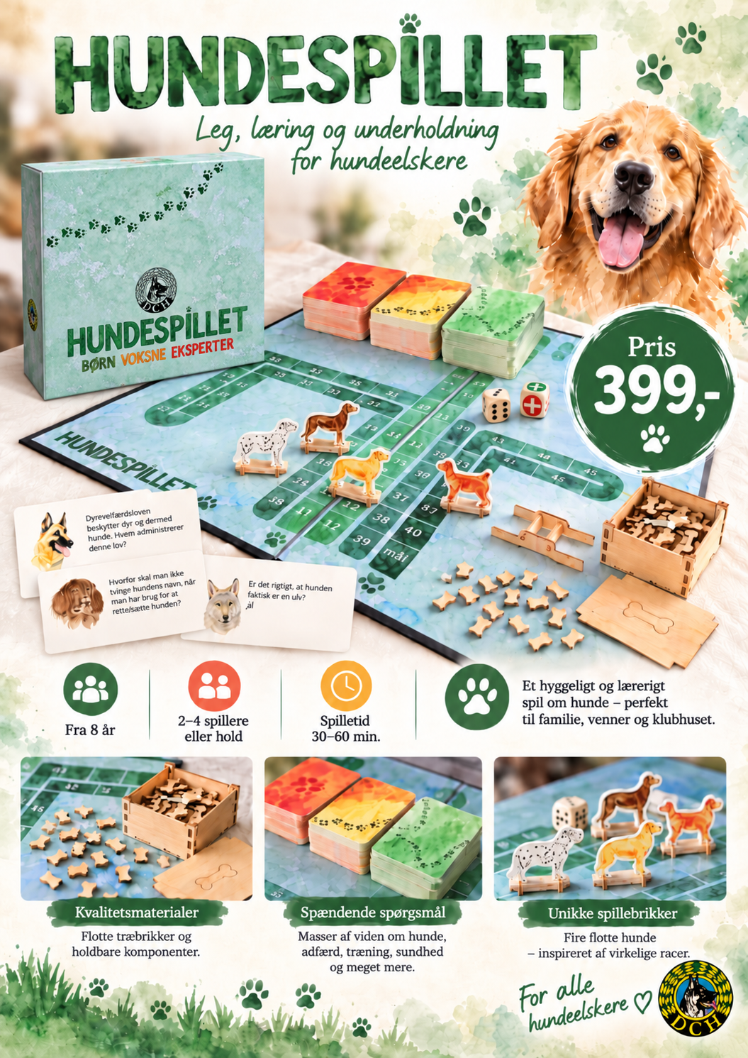 Plakat for Hundespillet: grøn spilleplade med hundebrikker og spørgsmålskort, spilæske og portræt af en golden retriever