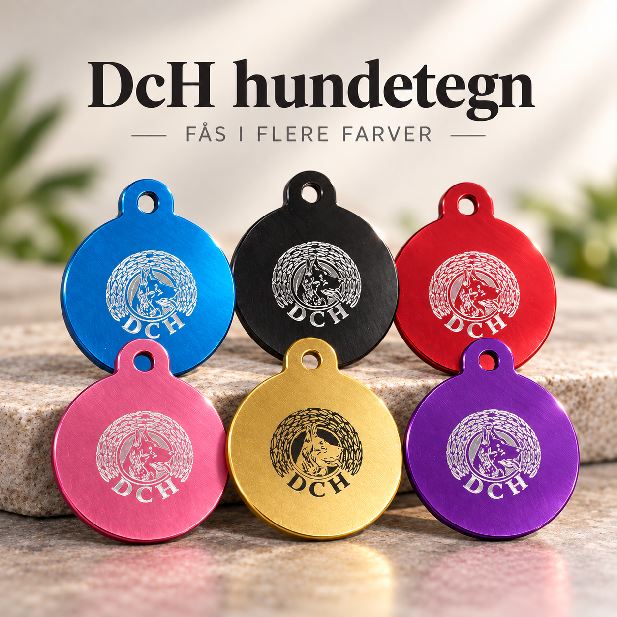 Seks runde DcH-hundetegn i metal i blå, sort, rød, pink, guld og lilla med indgraveret logo, opstillet på en lys stenplade